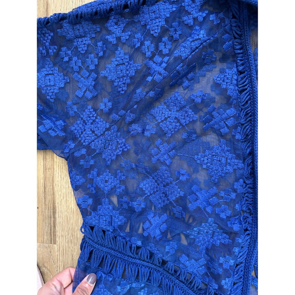 Chicos Royal Blue Lace Fringe Kimono Cardigan Boho 3 XL crotchet semi sheer - Picture 4 of 6